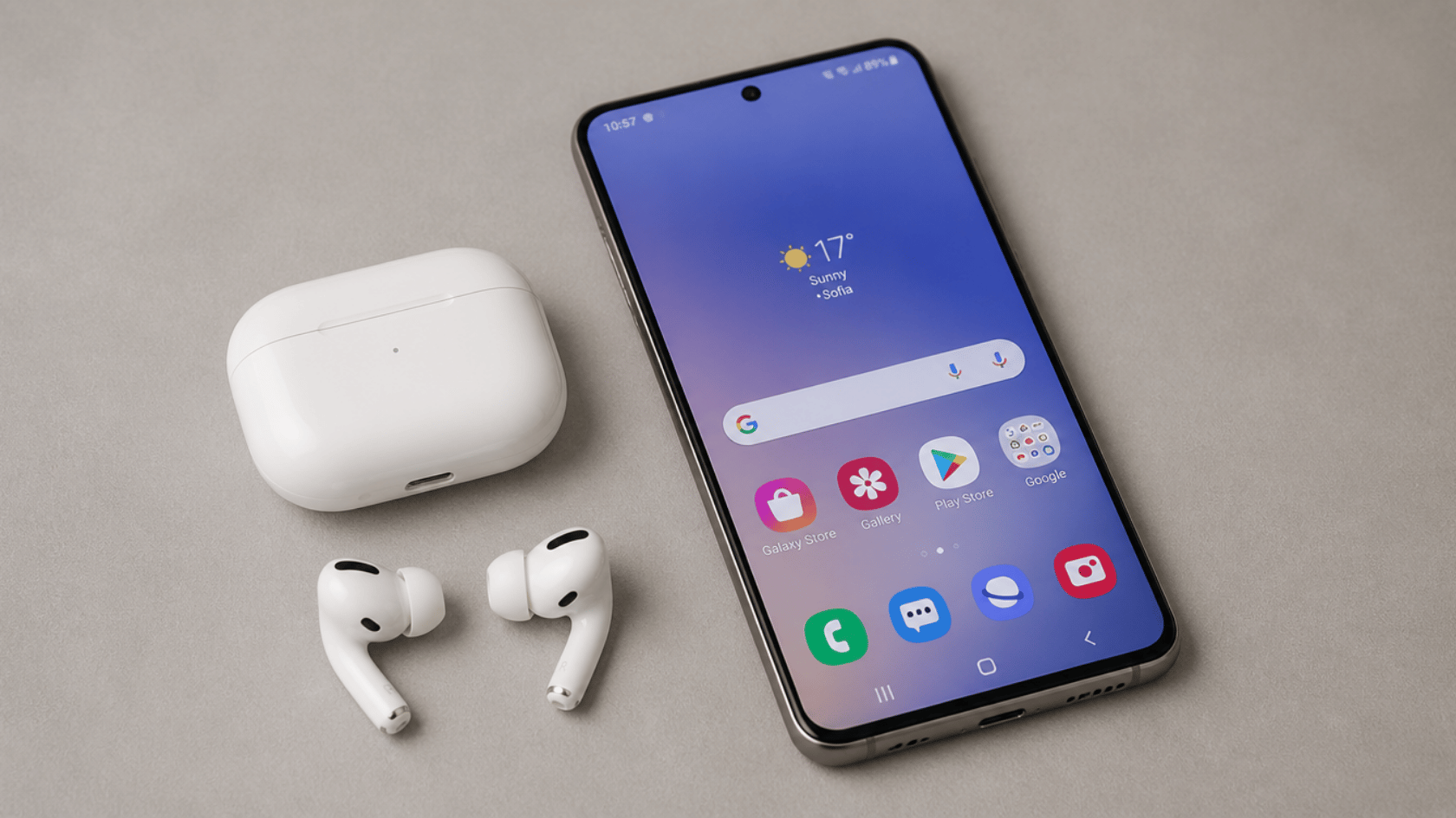 AirPods placed beside a Samsung Galaxy phone on a neutral surface