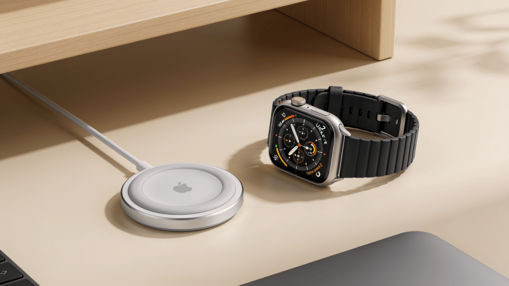 Apple watch ultra 2 next to magnetic charger on a desk showing charging setup