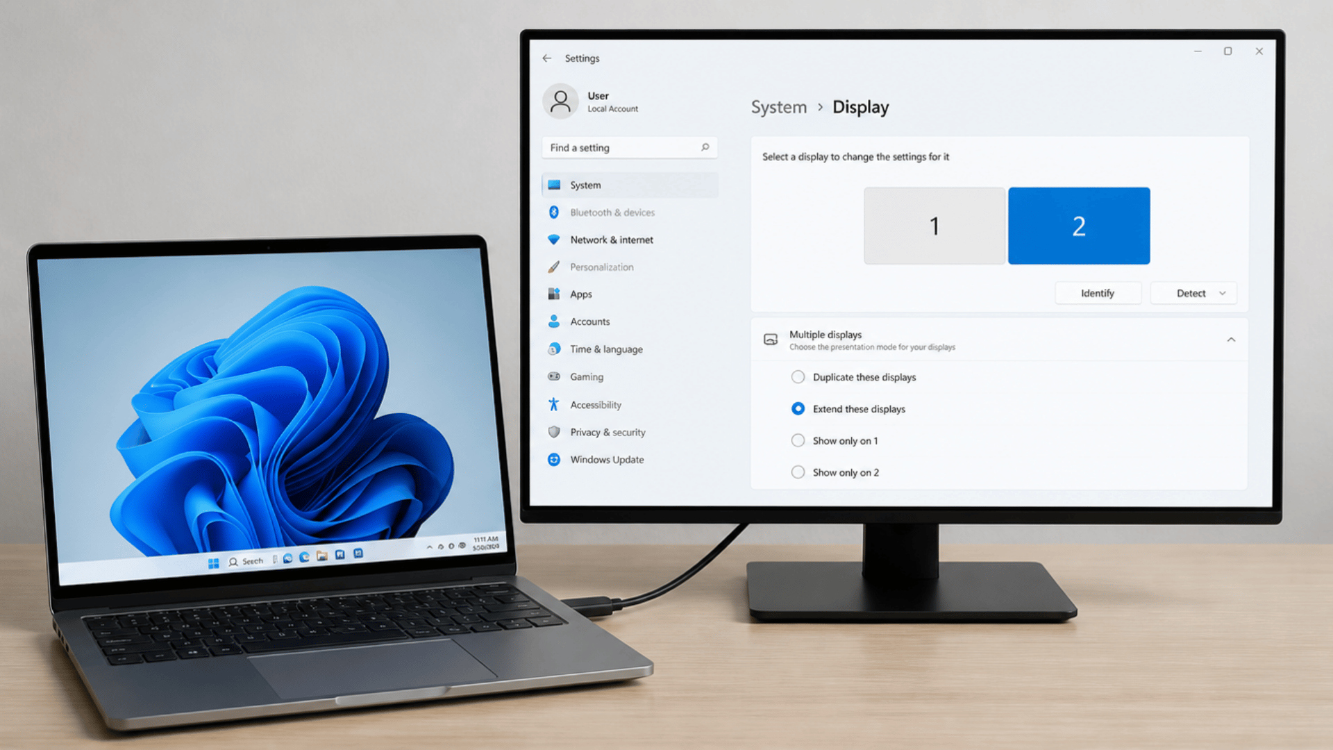 Laptop and external display showing options for duplicate, extend, and second screen modes