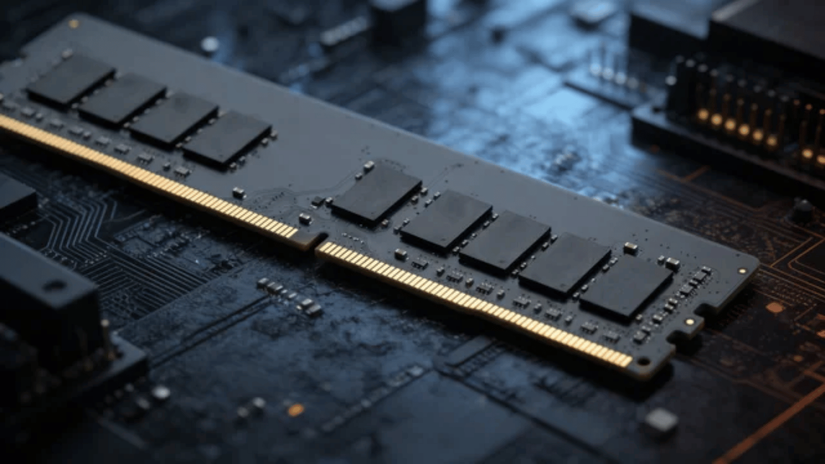 Close-up of a computer RAM stick installed on a motherboard, showing memory chips and gold connectors
