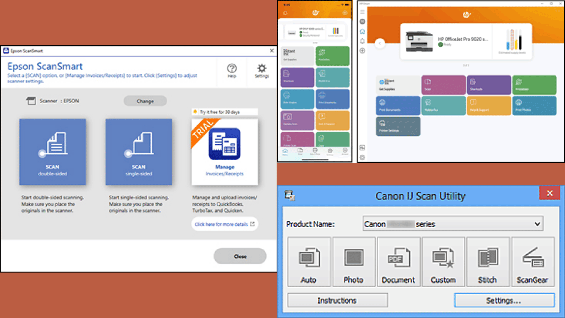 Collage of scanning software interfaces including Epson ScanSmart, HP Smart app, and Canon IJ Scan Utility showing scan options and settings.