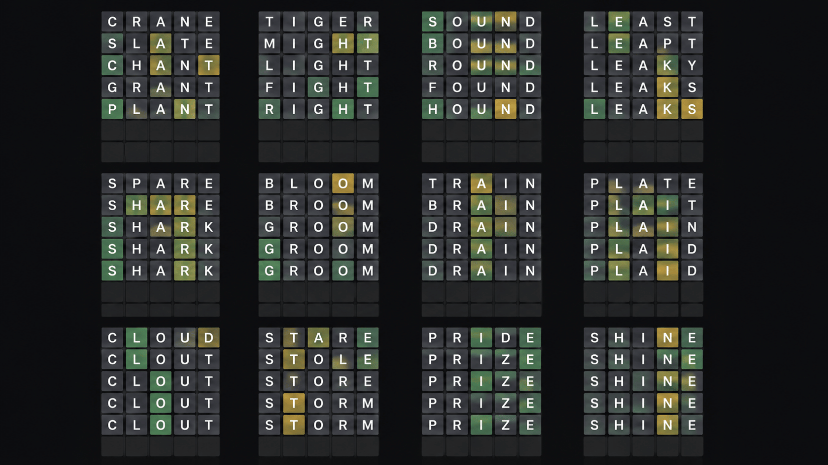 Word puzzle grid with highlighted letters showing consonants, vowels, and common word endings across rows