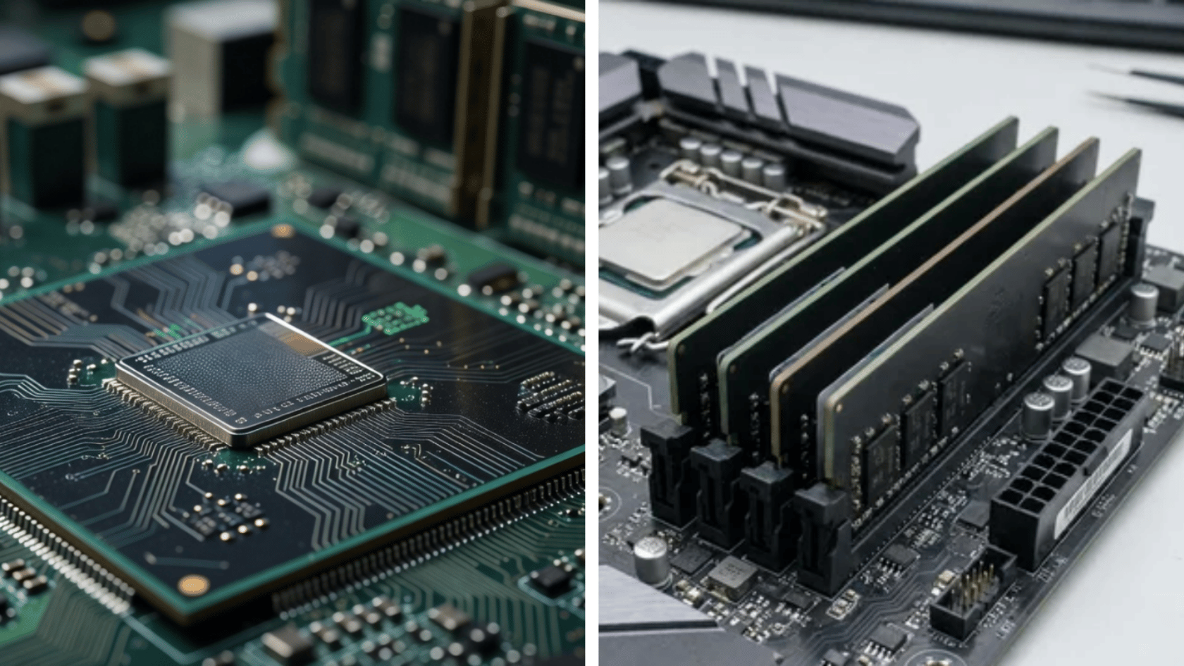 CPU with highlighted small cache area next to separate RAM modules on a motherboard, showing memory difference.