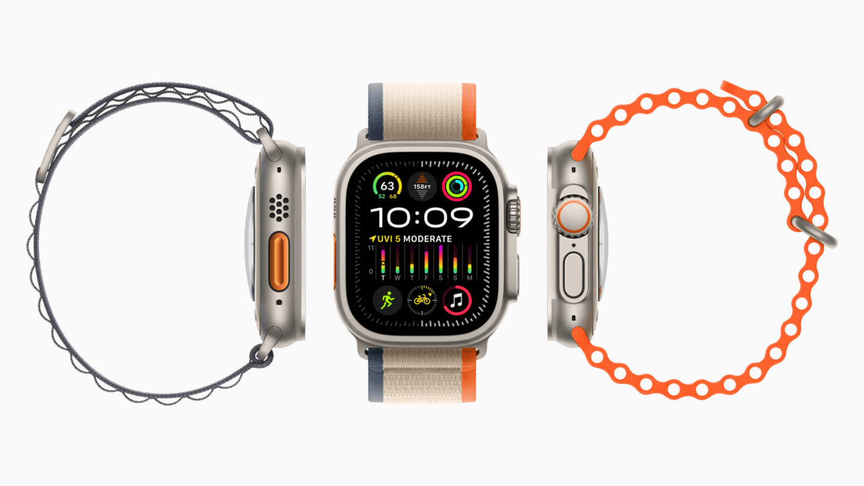 Three views of an Apple Watch Ultra, showing its titanium case, digital face, and different orange and grey bands.