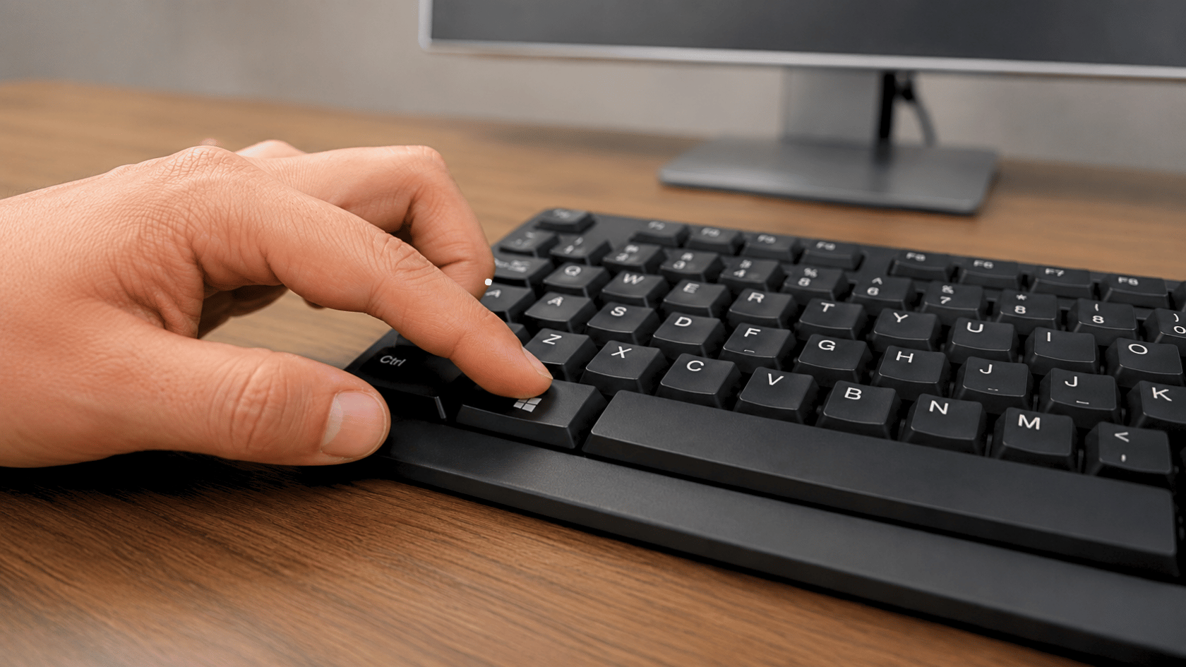 Hand pressing Windows key on a keyboard on a wooden desk with a computer monitor in background
