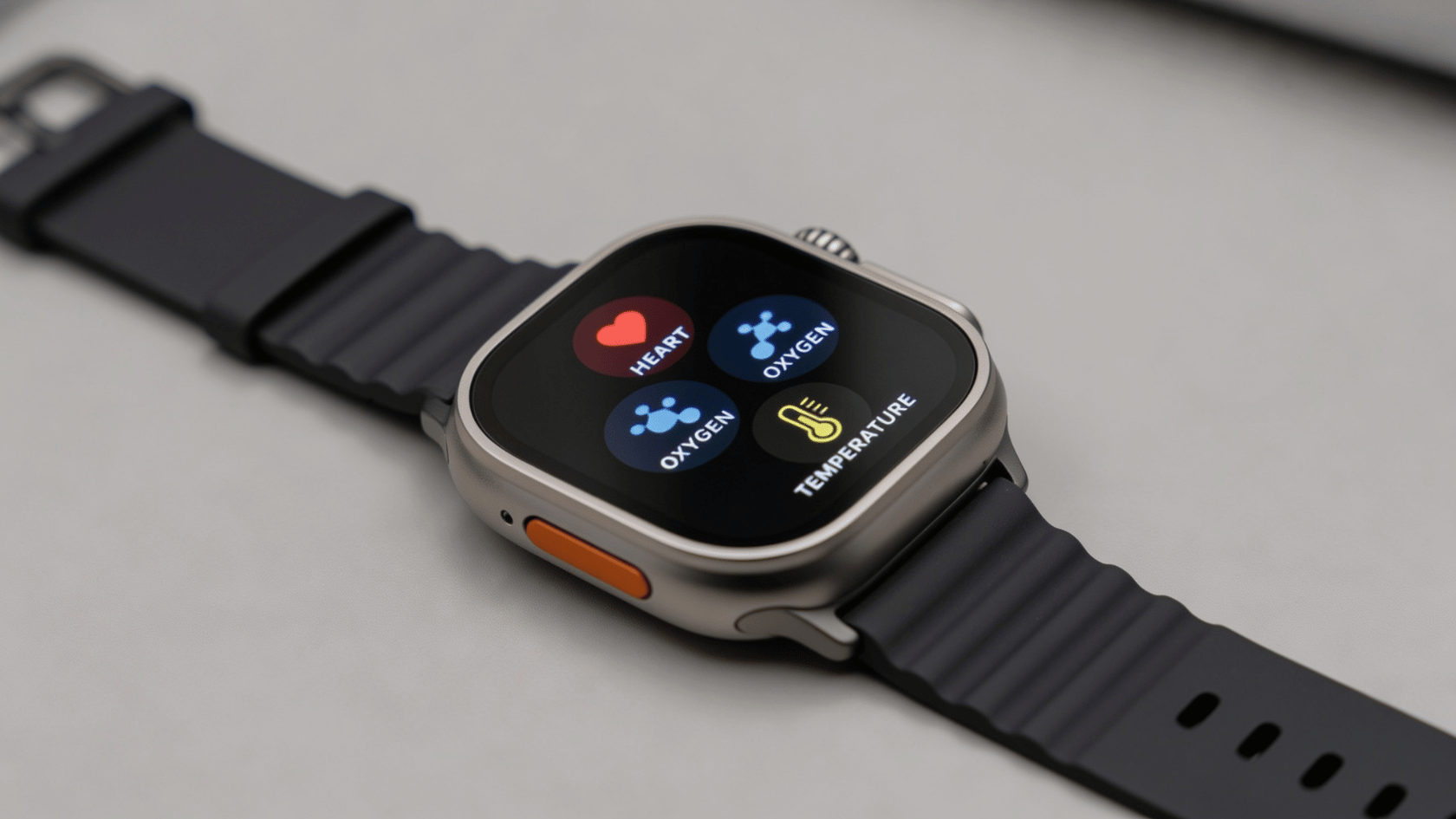 Smartwatch lying on surface showing health icons for heart rate, oxygen, and temperature on screen