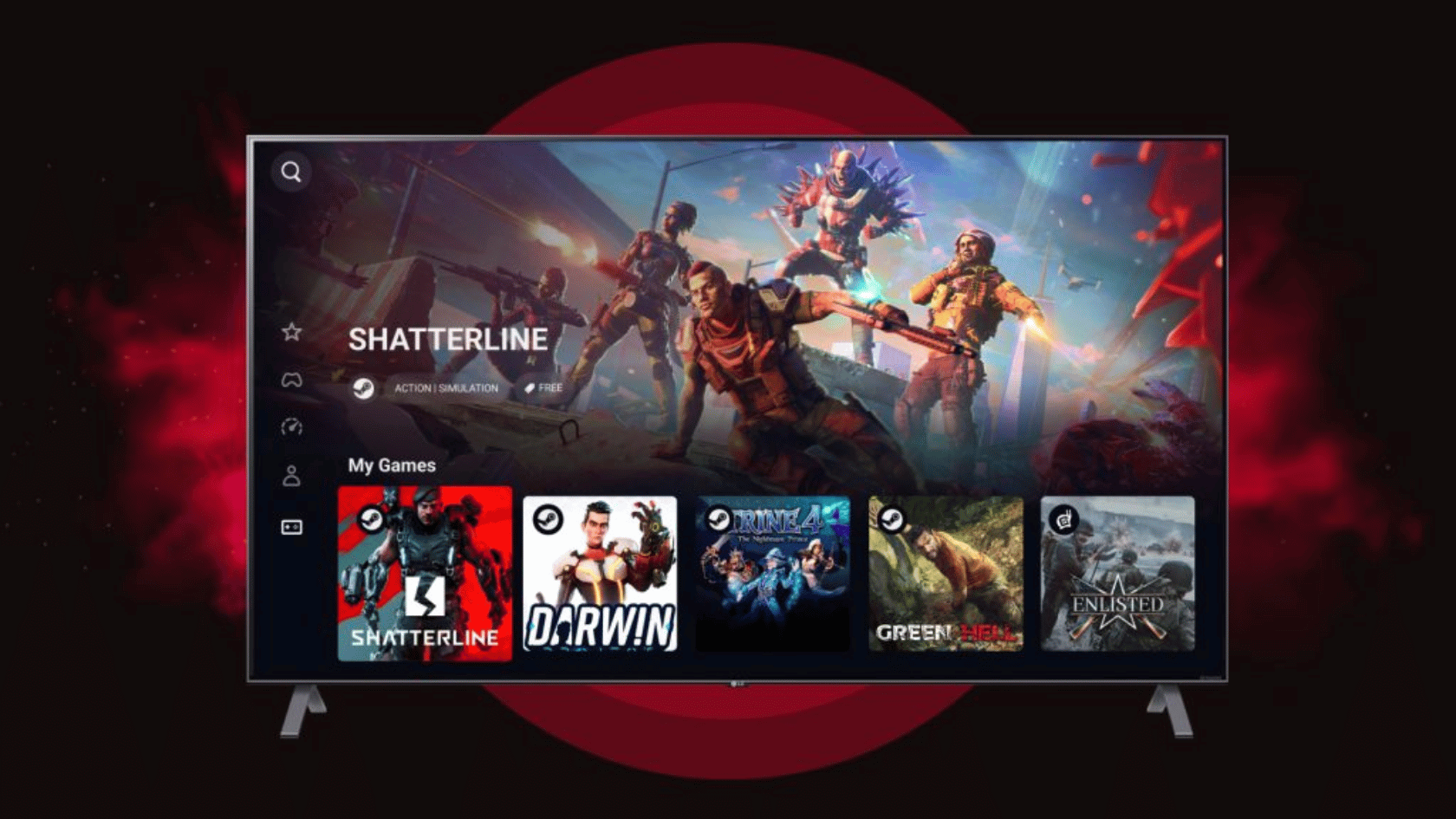 Boosteroid game library interface shown on a TV screen with Shatterline and other games visible.