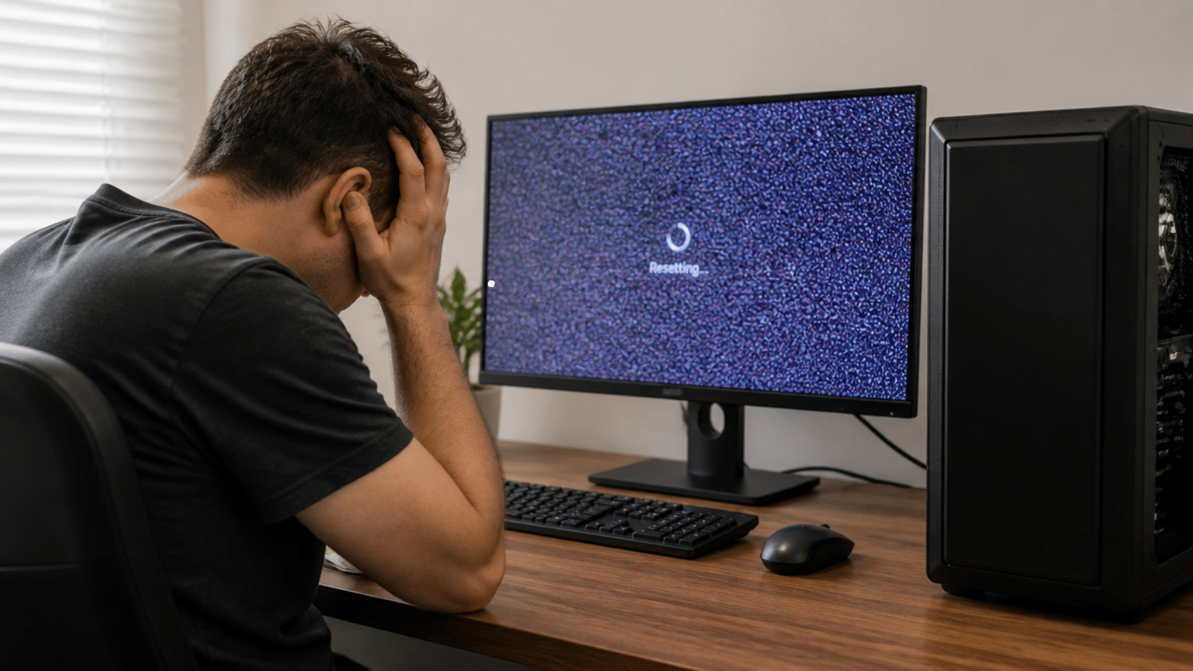 Man holding head at desk facing monitor showing “Resetting” screen with static, keyboard, mouse, and PC tower on desk.
