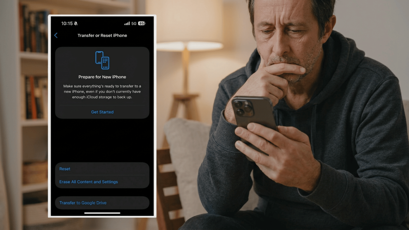Man sitting on couch looking at phone showing iOS “Transfer or Reset iPhone” settings screen with setup and reset options.