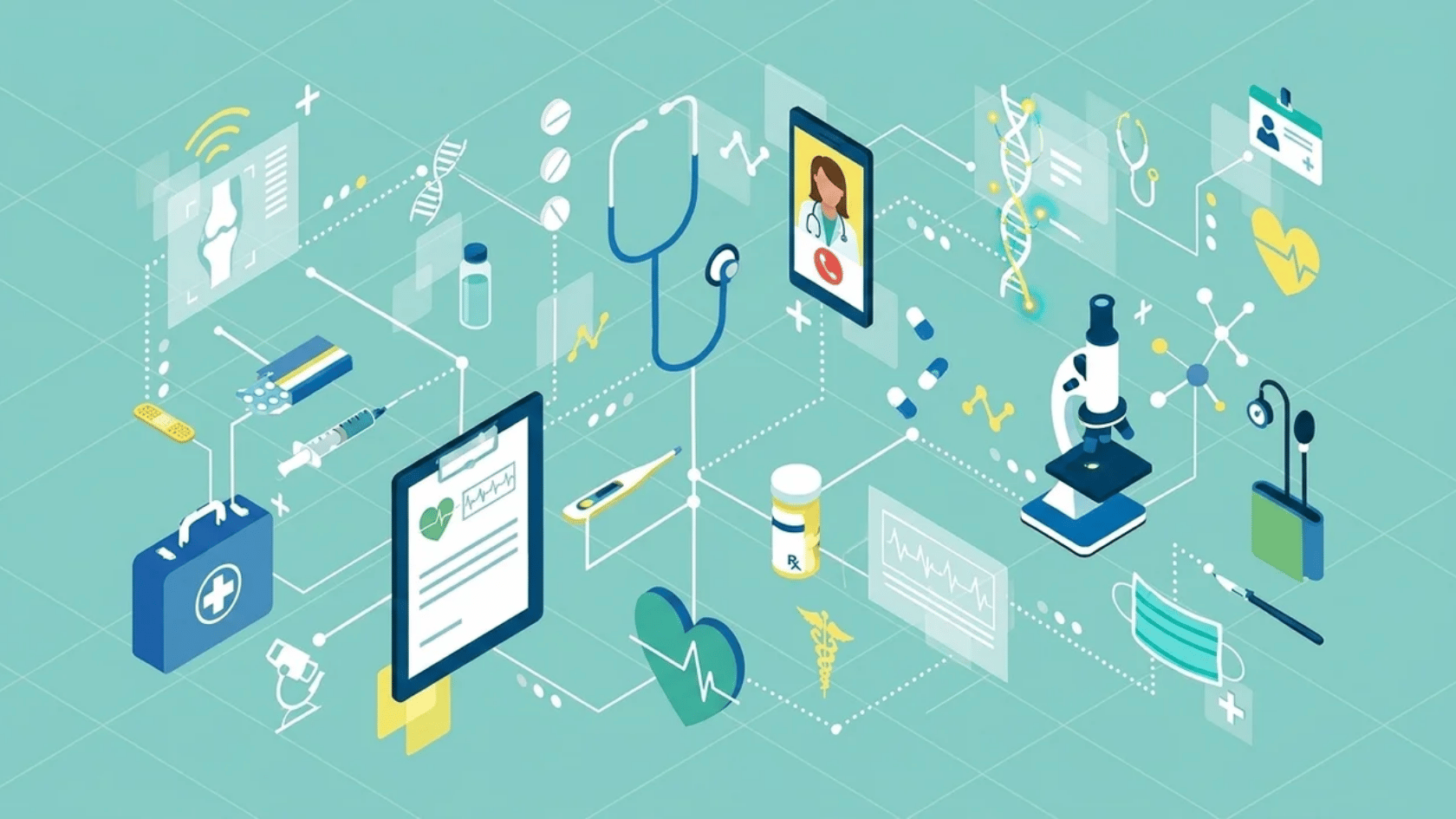 Digital healthcare network illustration with medical icons, stethoscope, DNA strands, pills, and patient data screens connected.