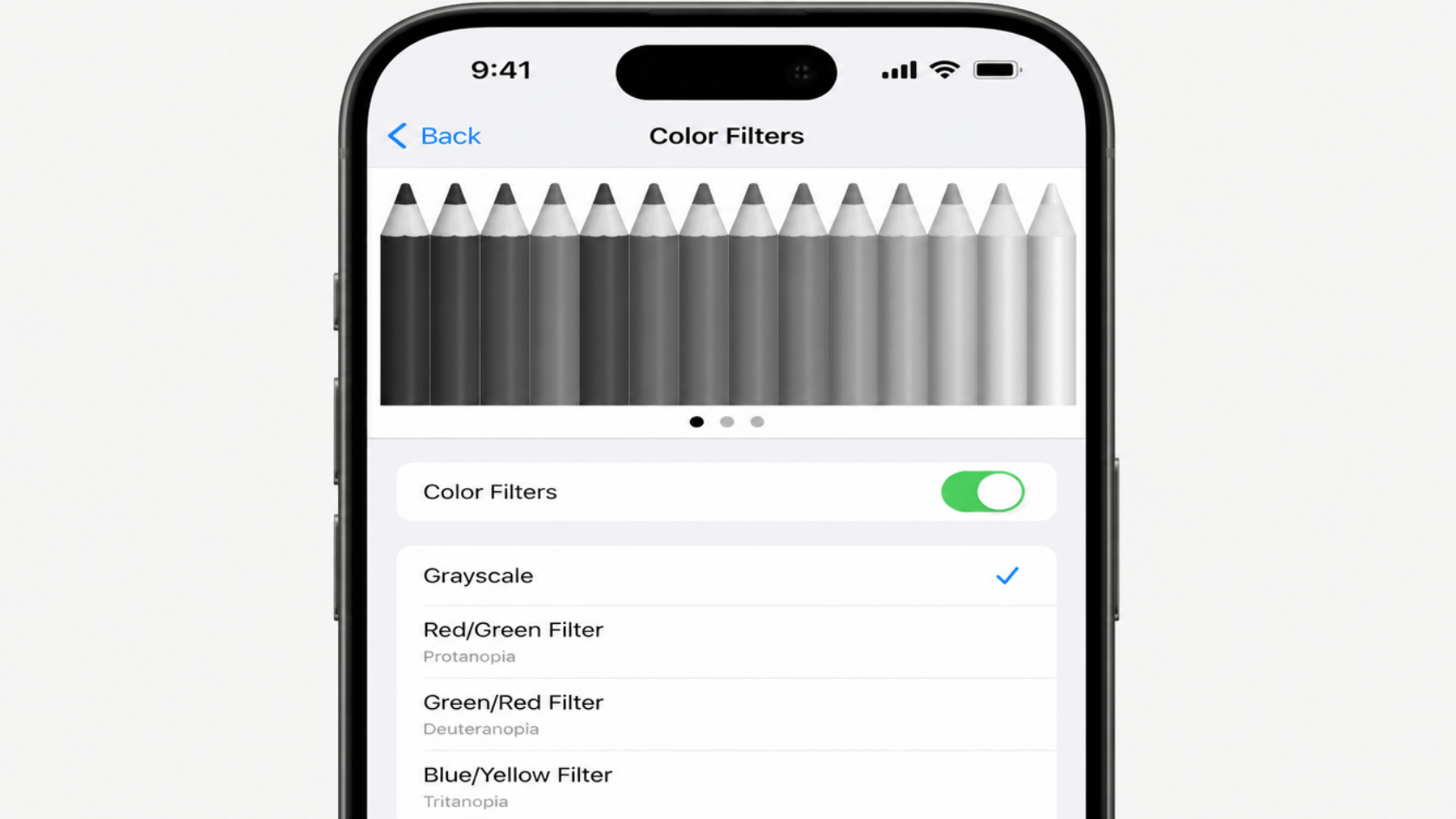 iPhone settings showing Color Filters menu with grayscale selected