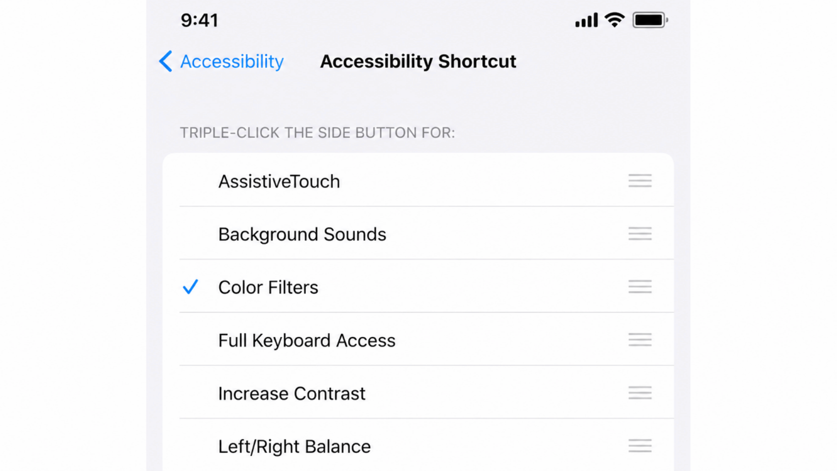 iPhone Accessibility Shortcut menu with Color Filters enabled for triple-click toggle