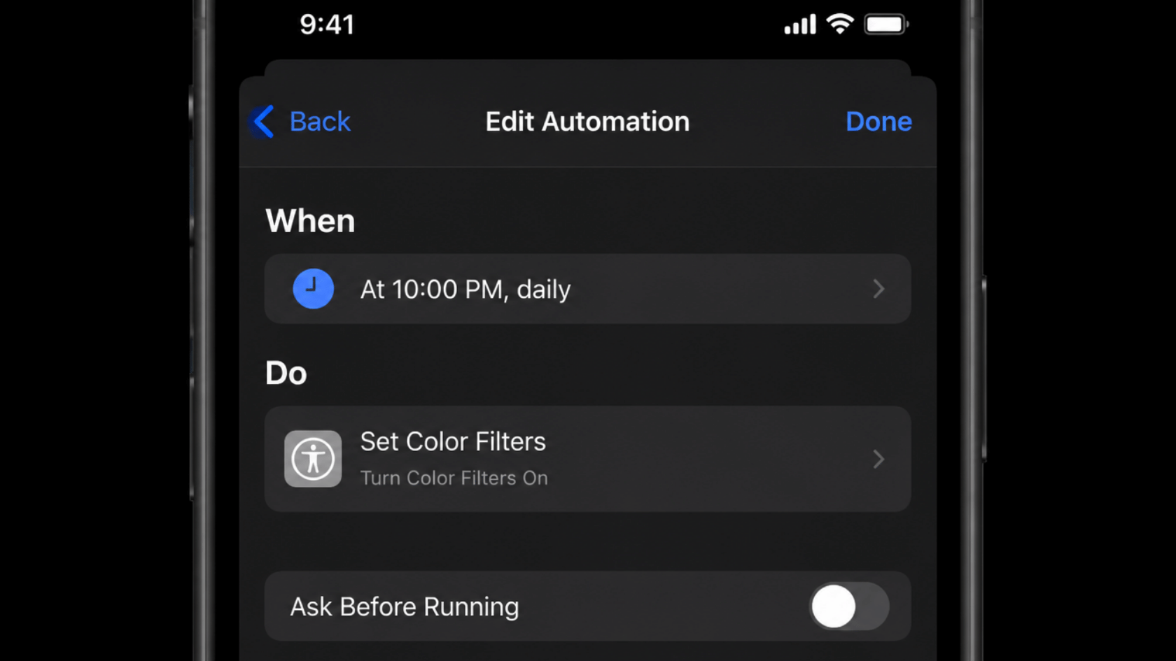 iPhone Shortcuts automation screen showing time-based rule to turn on color filters