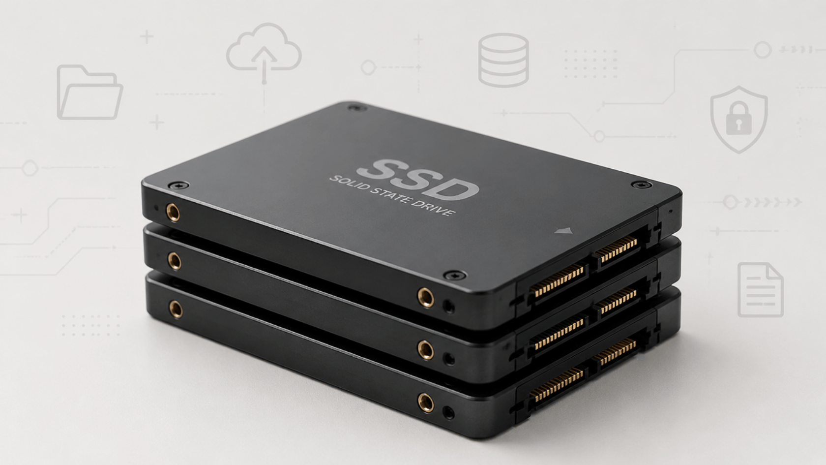 Multiple SSD drives stacked on a neutral surface with digital storage icons in the background
