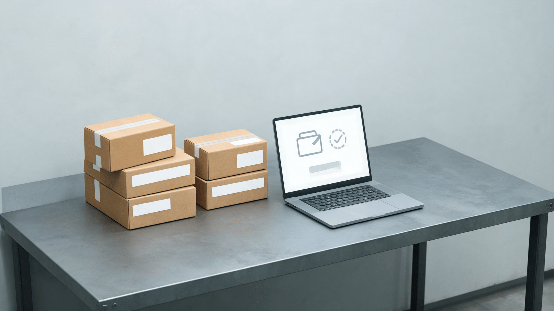 Parcels with shipping labels next to a laptop on a table representing order processing workflow