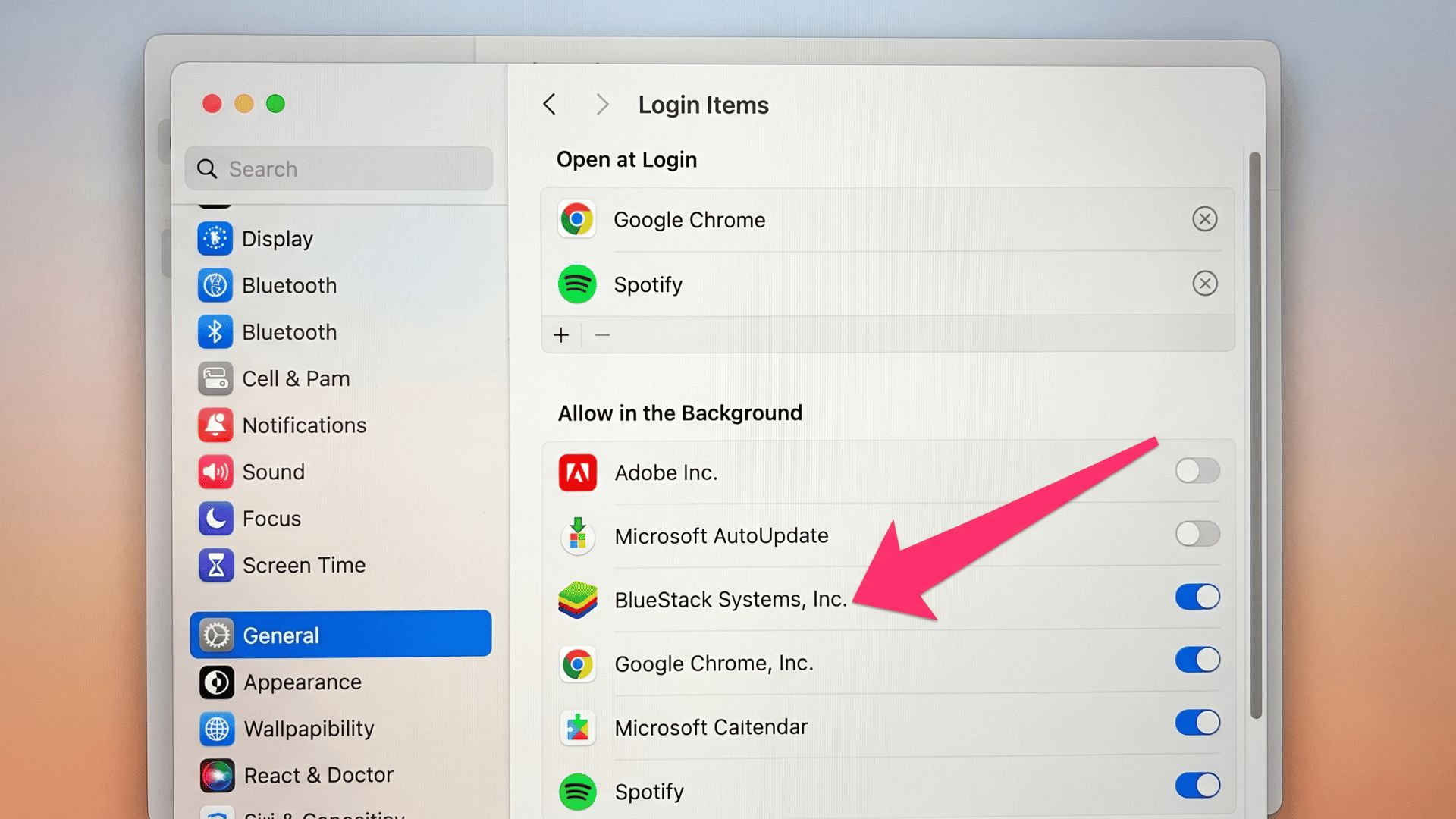 Mac System Settings showing Login Items and background apps — a quick fix to restore Mac speed in minutes by disabling unnecessary startup programs.