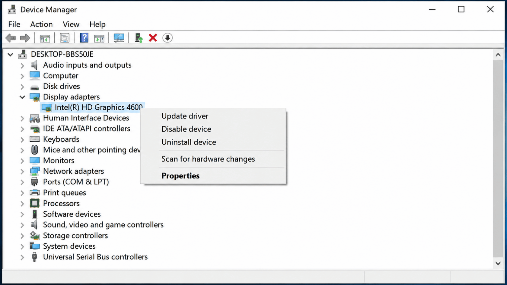 Display adapters expanded in Device Manager, Intel HD Graphics 4600 selected