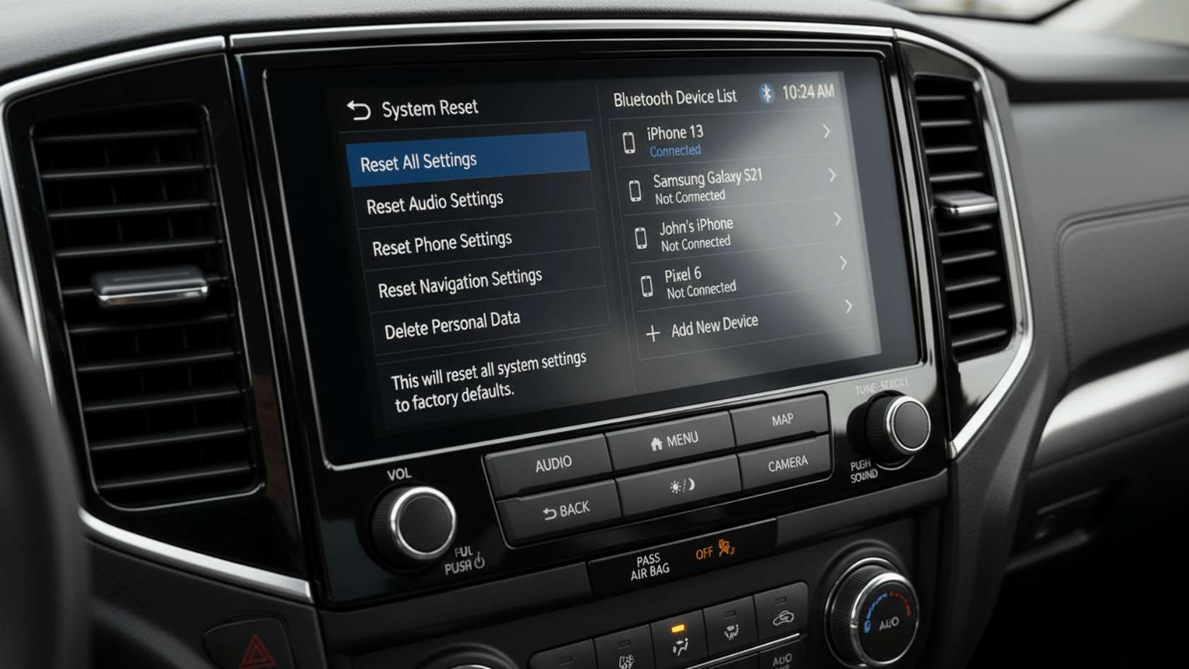 Car infotainment system screen showing reset settings and Bluetooth device list in center console view