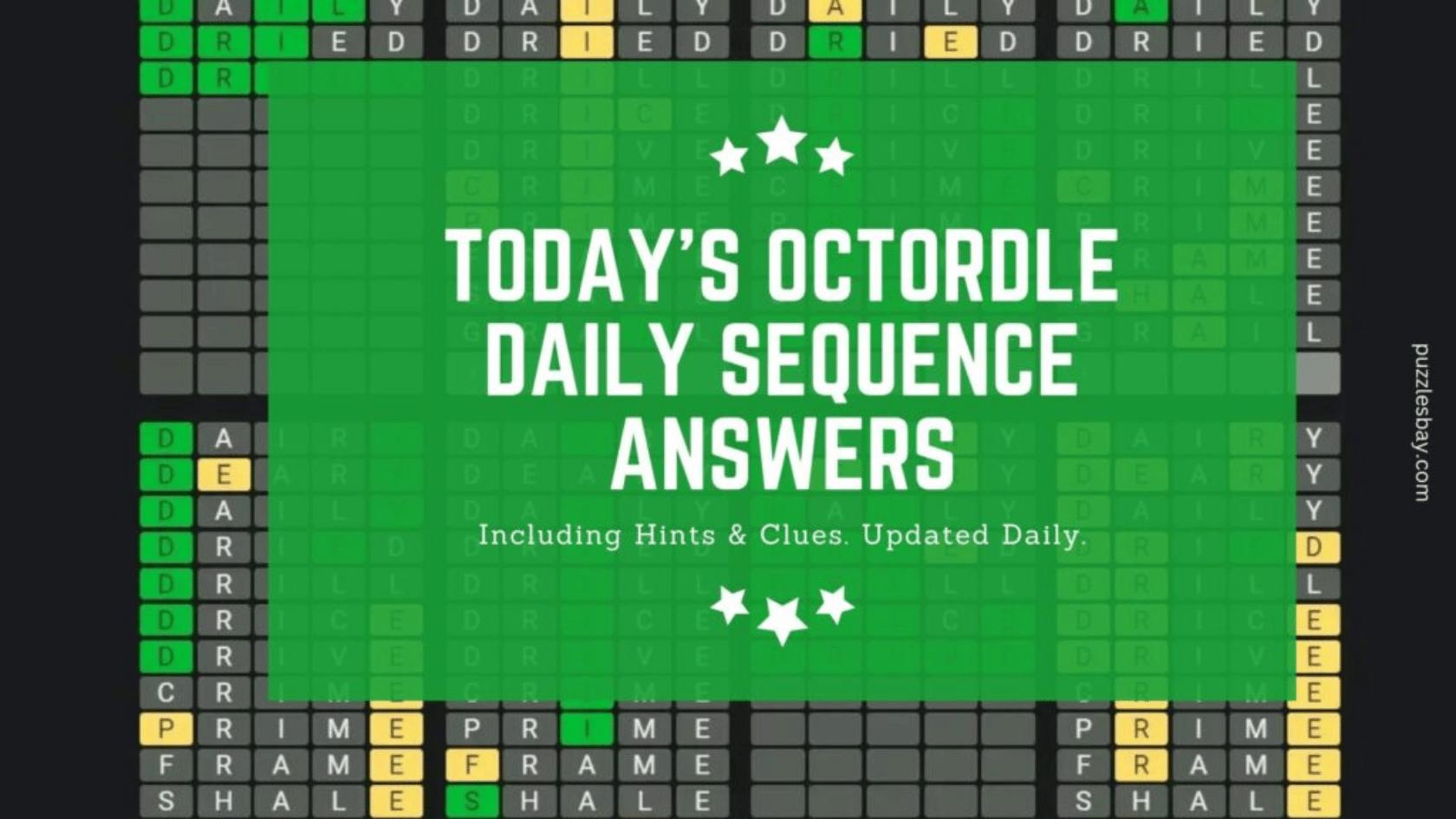 Word puzzle grid with colored letter tiles and a green centered panel over layered game boards