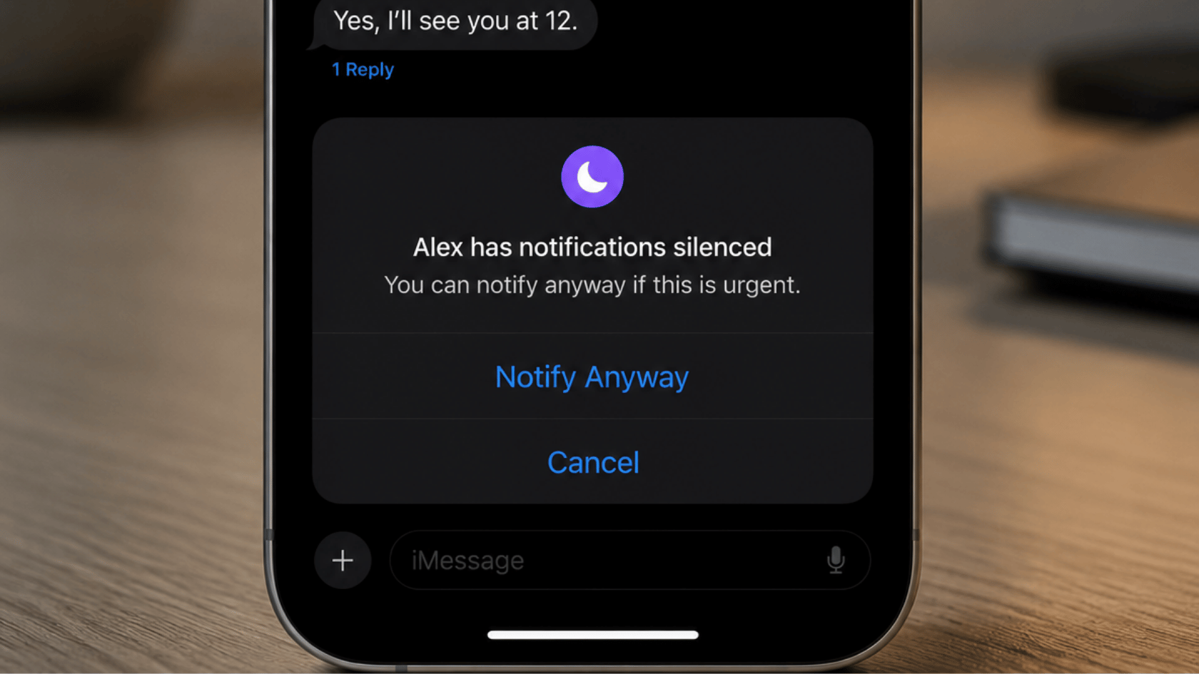 iPhone Messages screen showing notification silenced status for a contact and “Notify Anyway” option in chat interface.