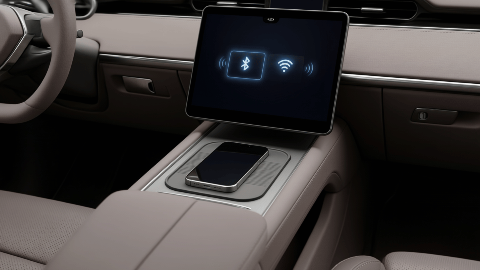 Smartphone placed near car dashboard showing wireless CarPlay setup with phone beside infotainment system in a car interior view.