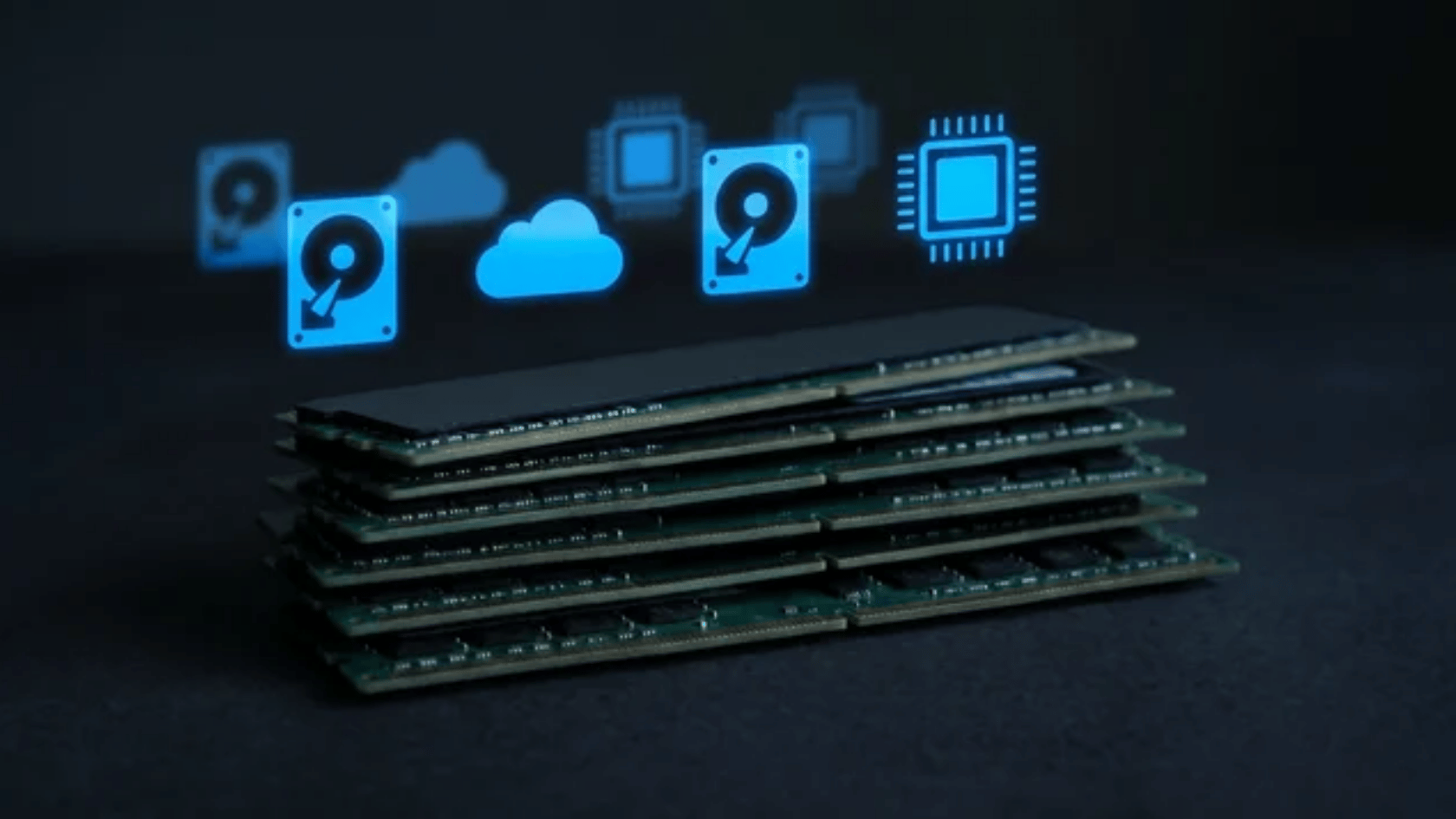 Stack of RAM sticks on a dark surface with icons of hard drives, clouds, and processors floating above