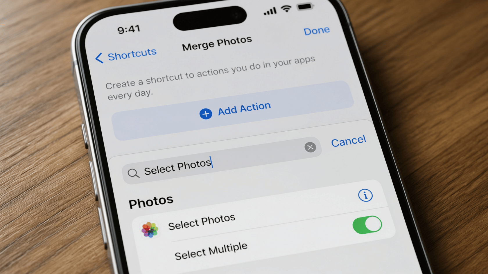 iPhone screen in Shortcuts app adding "Select Photos" action with "Select Multiple" toggle on