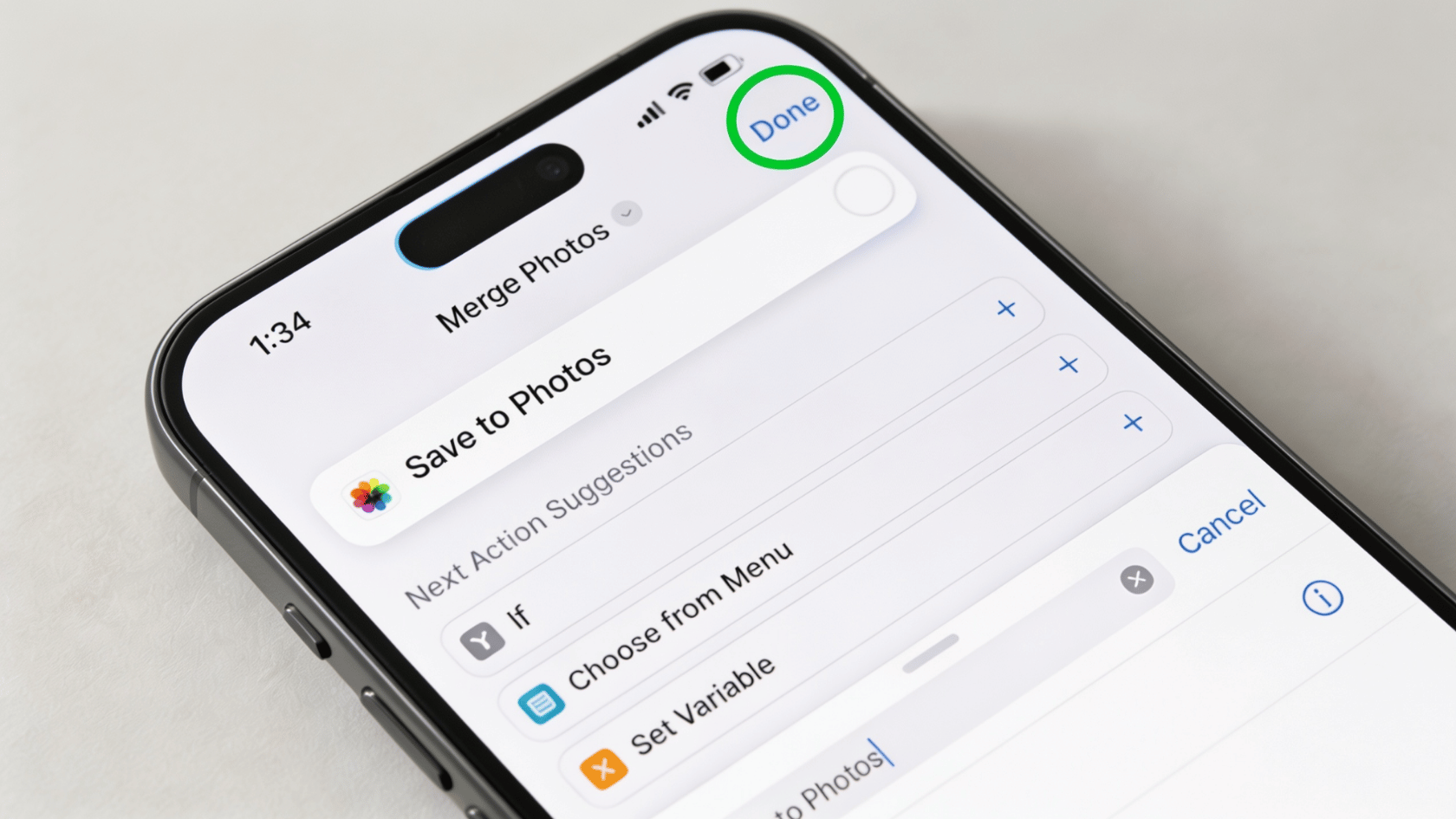 iPhone screen in Shortcuts app with "Done" button tapped, saving the "Merge Photos" shortcut