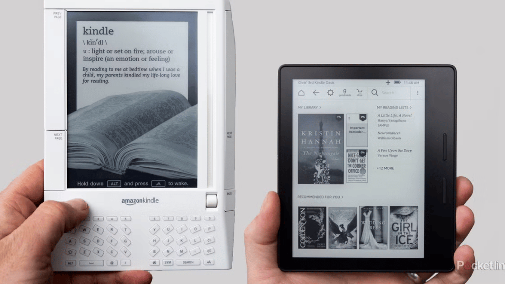 Two Kindle e-readers held side by side in hands showing different digital reading library screens.