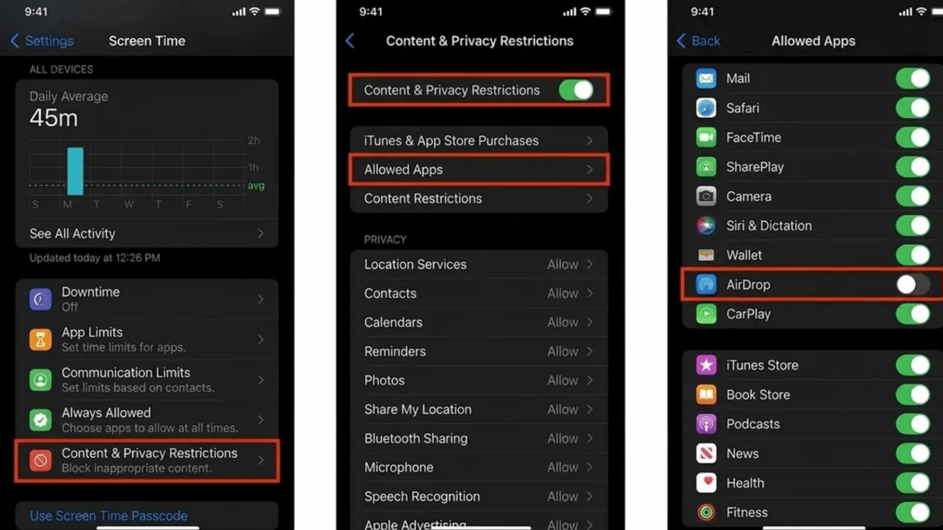 Three iPhone Screen Time settings screens showing Content & Privacy Restrictions, Allowed Apps list, and AirDrop toggle being disabled in a side-by-side layout with highlighted red boxes.