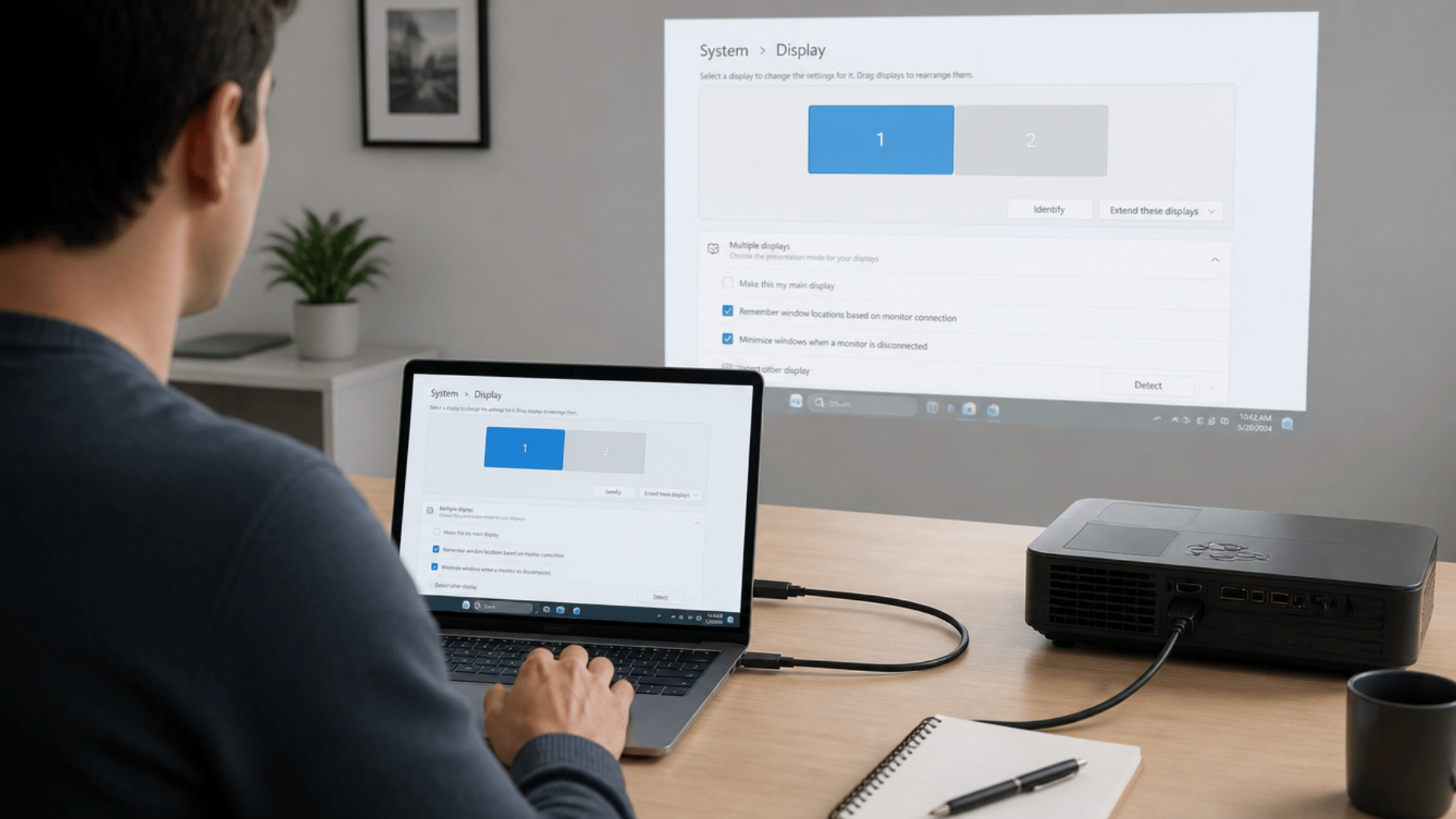 Laptop connected to external display showing display settings for screen mode selection