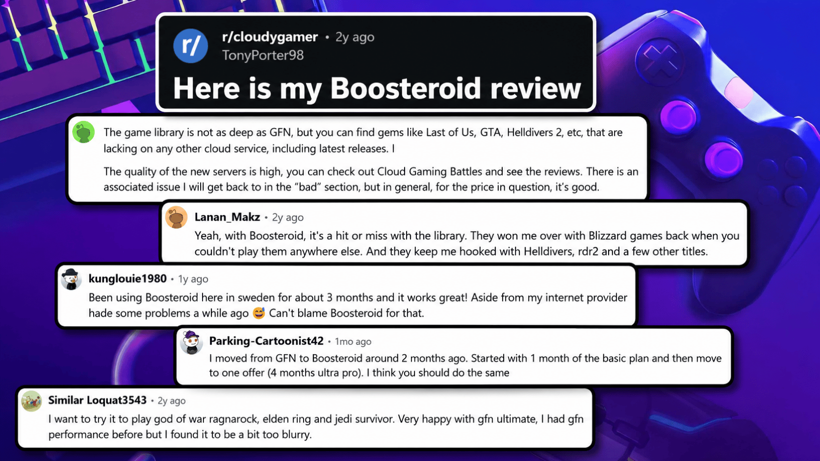 Reddit-style Boosteroid review comments over a purple gaming setup background with keyboard and controller.