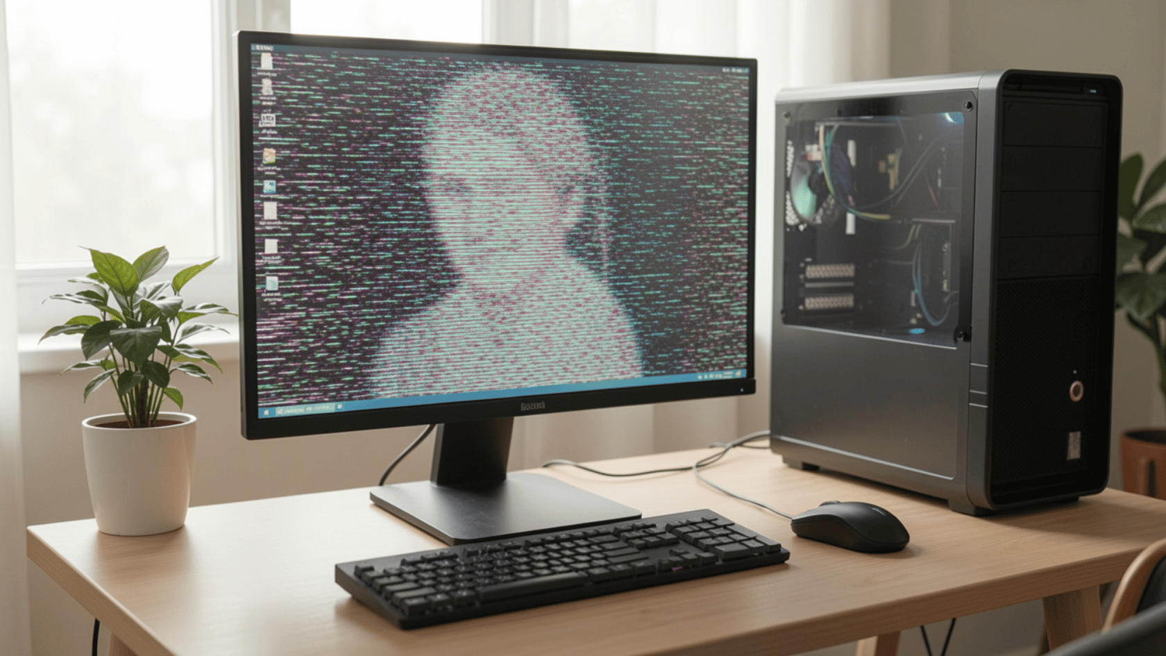 Flickering desktop monitor with keyboard and mouse on a desk