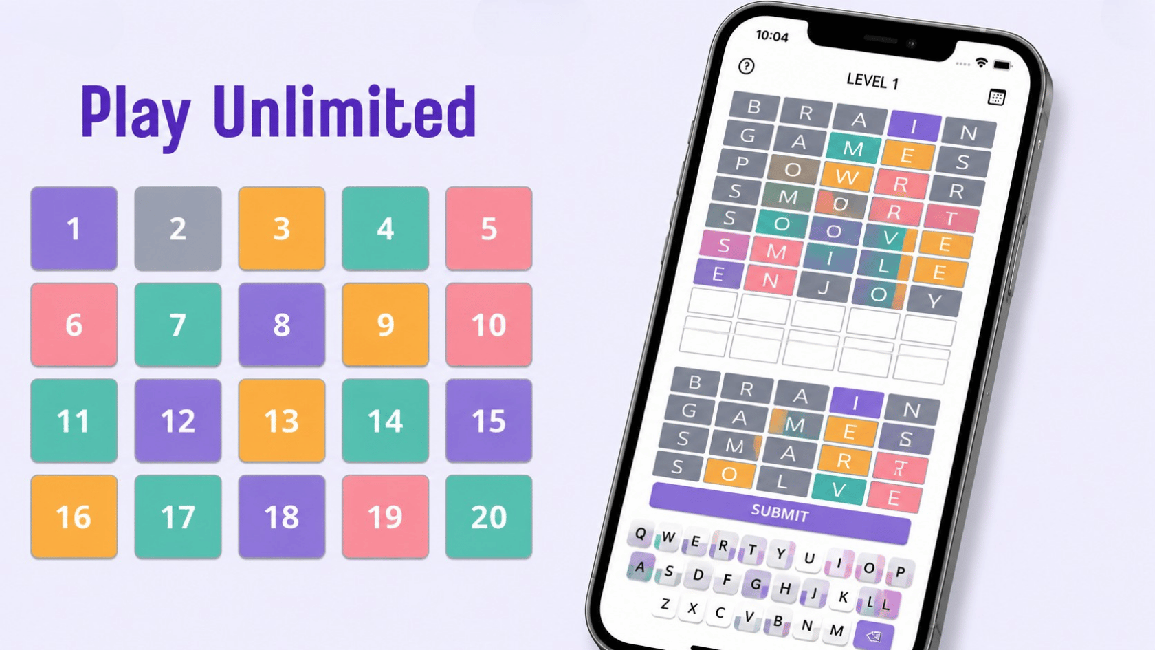 A smartphone displaying a word puzzle game next to numbered colorful squares with the text "Play Unlimited".