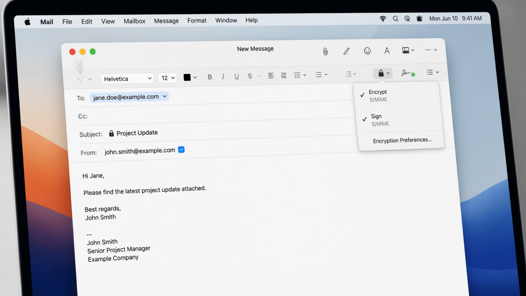 Apple Mail compose window showing lock icon and tick icon for S/MIME encryption and signature controls