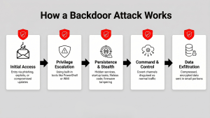 Diagram showing stages of a backdoor attack: initial access, privilege escalation, stealth, control, data exfiltration.