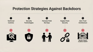 Infographic showing five backdoor protection strategies: technical controls, security tech, human roles, supply chain, zero trust.