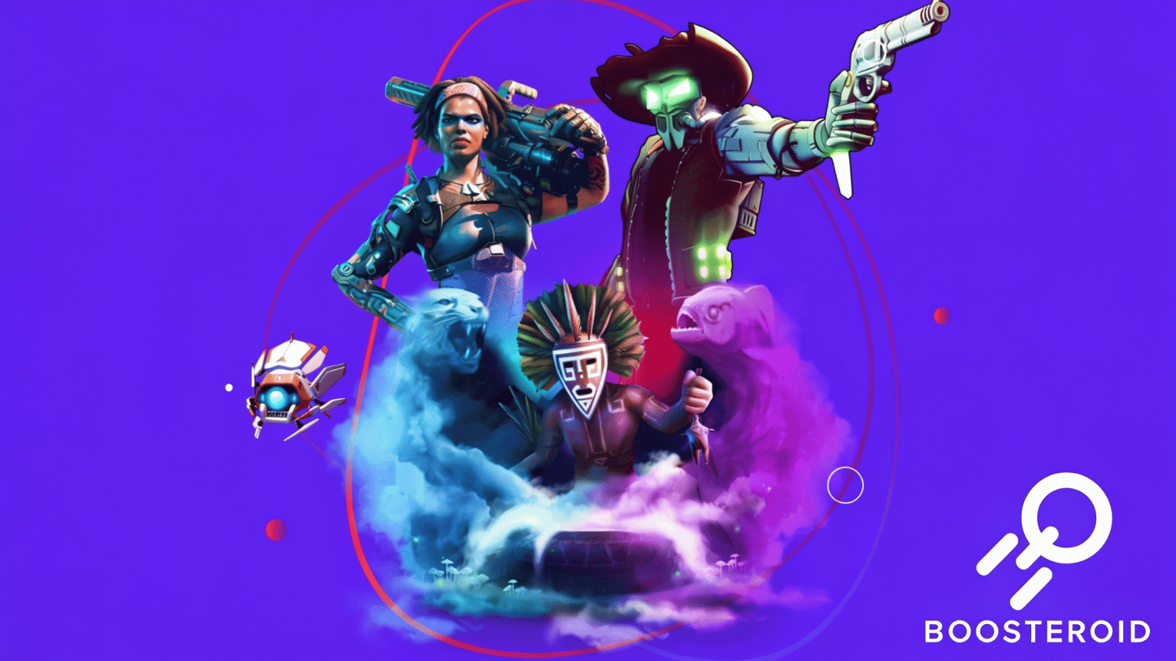 Stylized gaming characters on purple background with Boosteroid logo and wordmark in bottom right corner