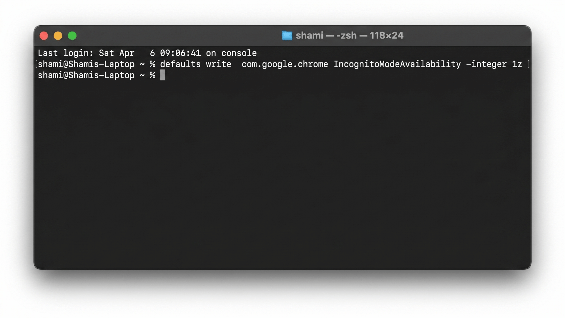 macOS Terminal showing command to disable Chrome Incognito Mode typed in, ready for execution.