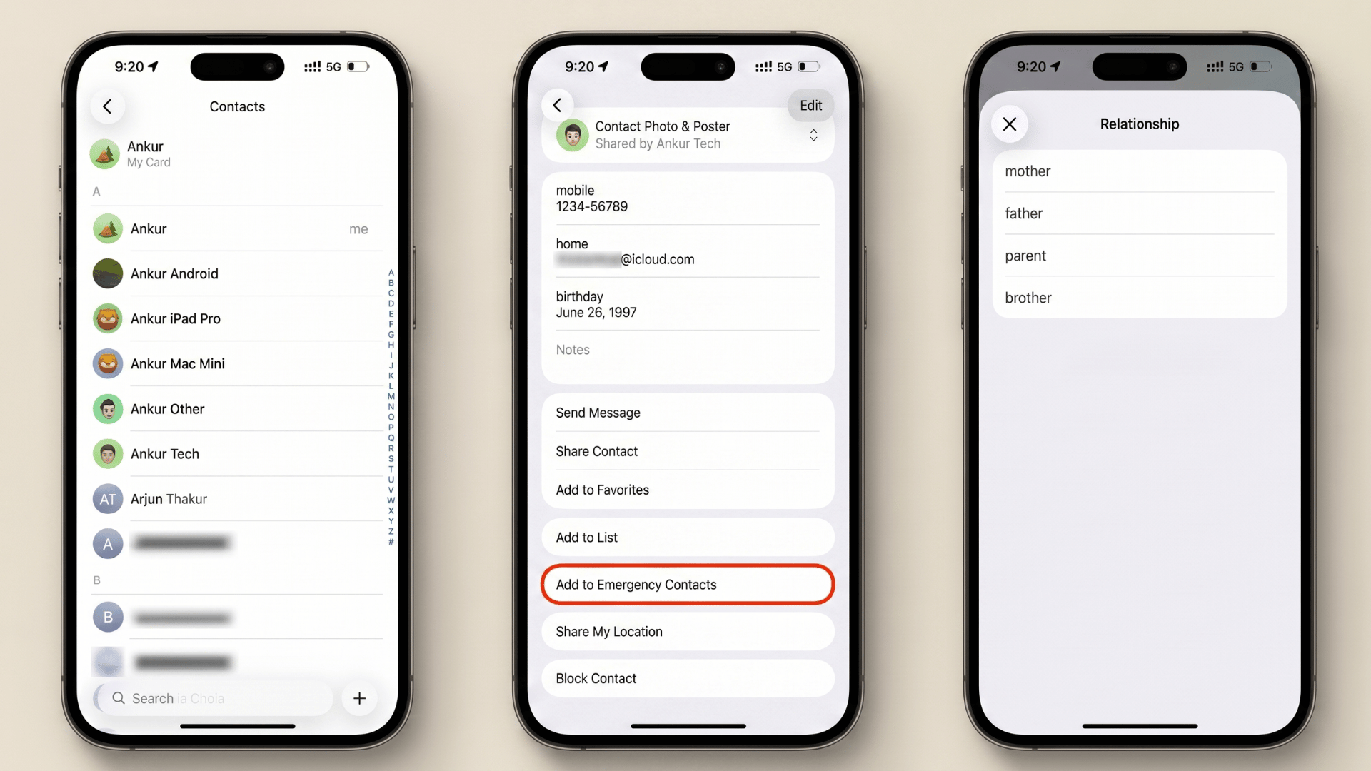 Three iPhone screens showing how to add an emergency contact via the Contacts app and select a relationship like mother or father.