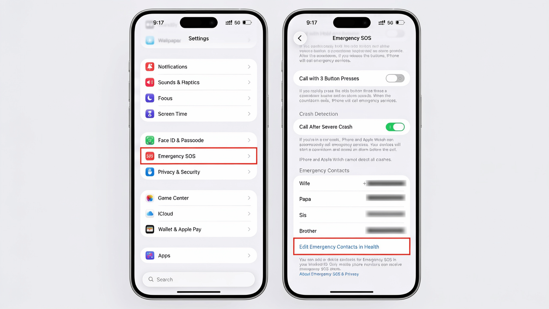 iPhone Settings screens showing Emergency SOS menu with crash detection, call options, and emergency contacts list i
