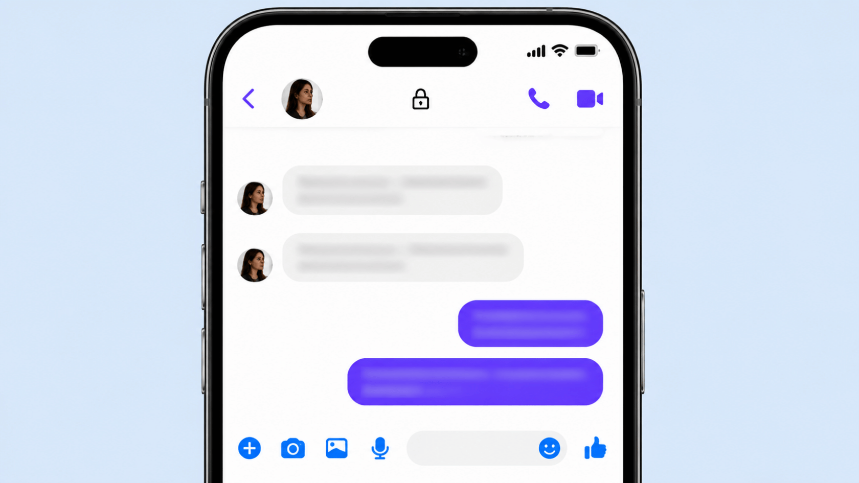 Smartphone showing Messenger chat interface with lock icon and blurred messages in conversation screen