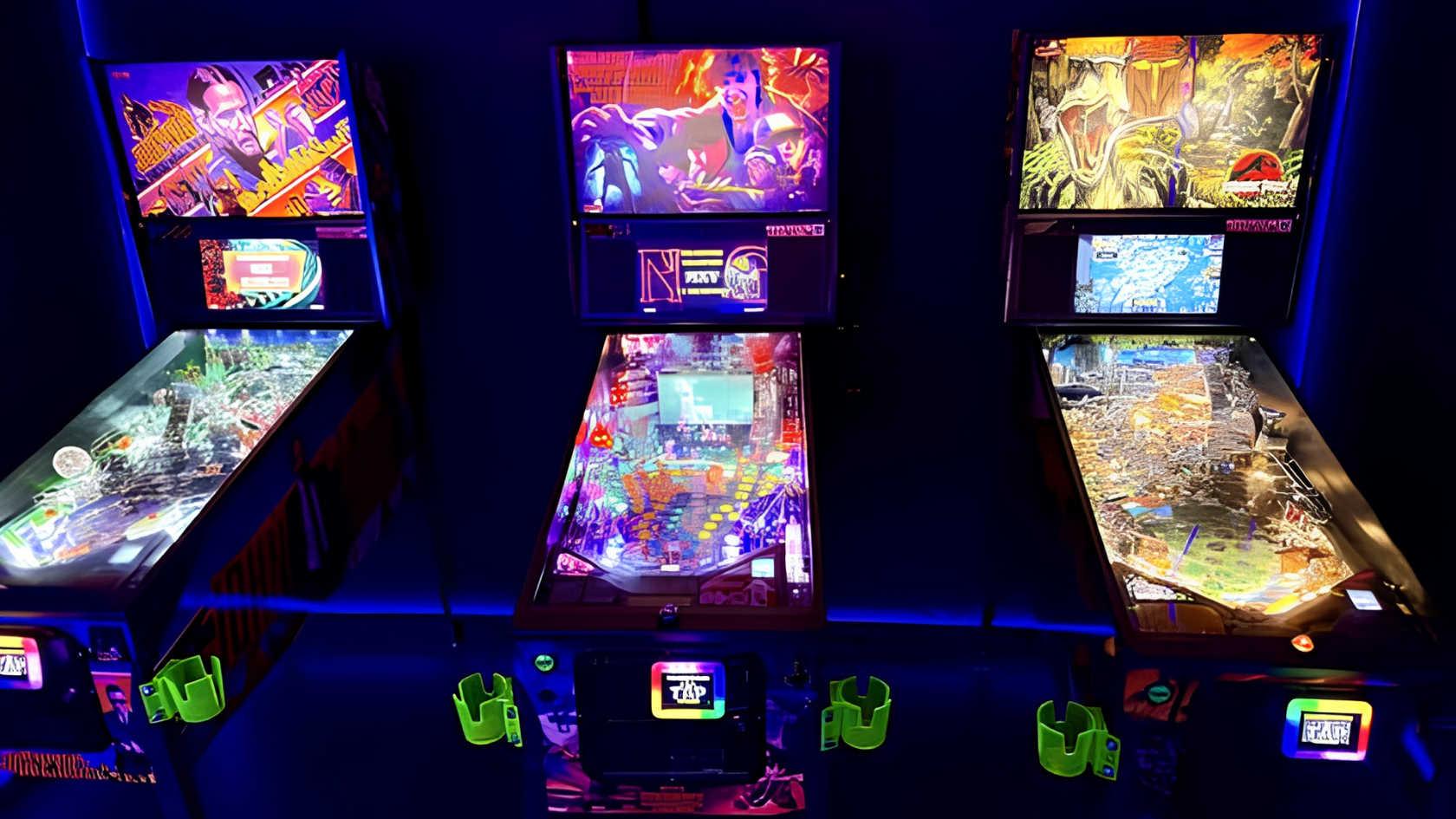 Three arcade pinball machines with lit screens and blue neon lighting in a dark arcade room
