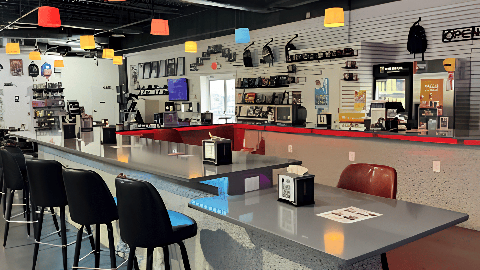 Interior of gaming store with long counter table, bar stools, shelves of items, and colorful hanging pendant lights