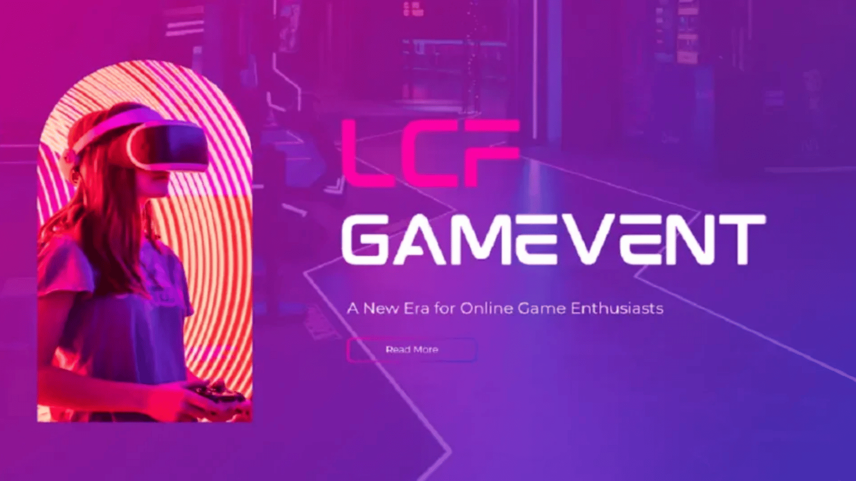 VR gamer beside LCF Gamevent logo on a purple neon gaming event banner.