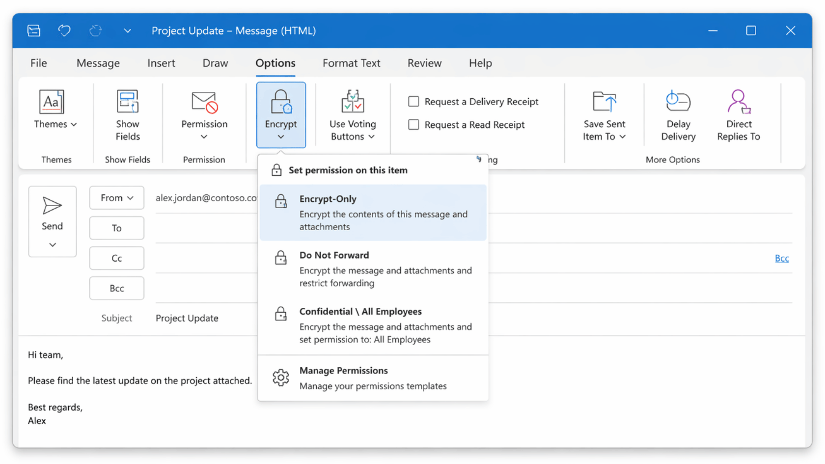 Outlook compose window showing Encrypt menu with Encrypt-Only and Do Not Forward options