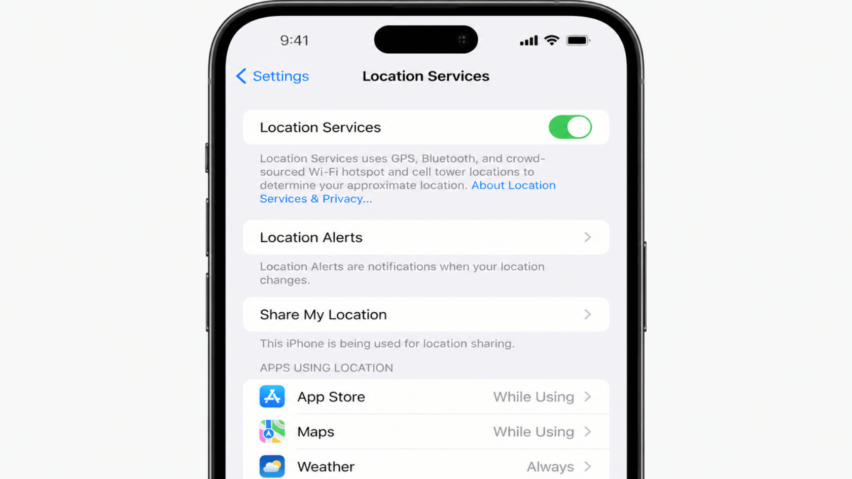 iPhone settings showing Location Services toggle and privacy options