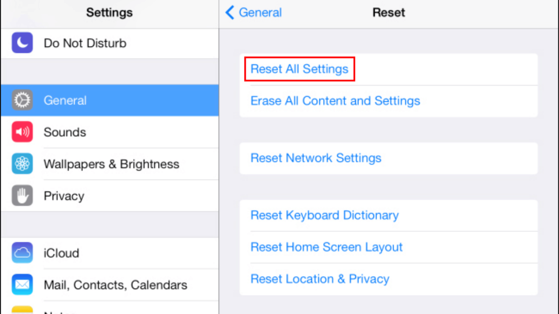 iPad Settings app open on General Reset page with Reset All Settings option highlighted in a red box at the top of the list.