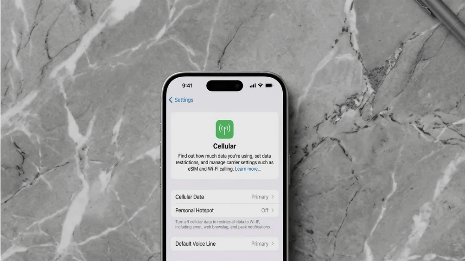 iPhone Settings screen open to Cellular page showing options like Cellular Data, Personal Hotspot, and Default Voice Line on a grey marble background.
