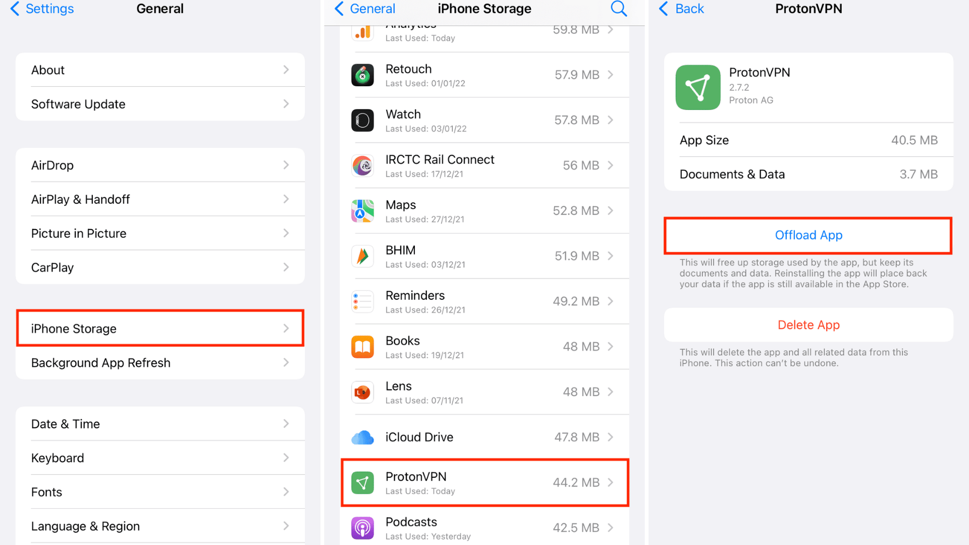 Settings General menu showing iPhone Storage option, app storage list with ProtonVPN selected, and Offload App button highlighted in red.